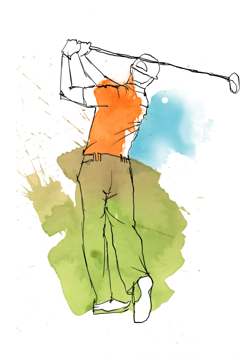 Watercolour illustration of a golfer mid-swing